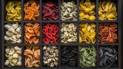 Różnorodne rodzaje makaronu od penne po fusilli w intensywnych barwach, ułożone na eleganckiej tacy.
