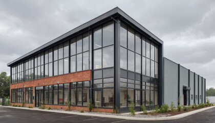 Obraz premium Modern renovated factory building with large glass windows and sleek design under a cloudy sky