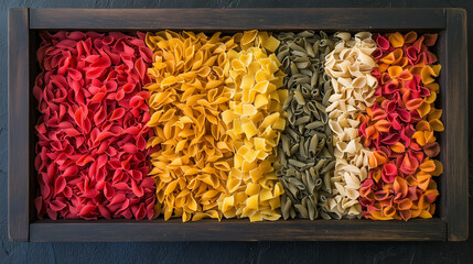 Różnorodne rodzaje makaronu od penne po fusilli w intensywnych barwach, ułożone na eleganckiej tacy.