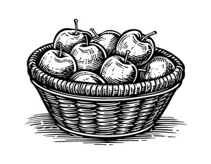 Fototapeta premium wooden basket apples engraving black and white outline