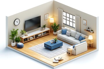 Isometric view living room muji style open inside interior architecture 3d rendering digital art