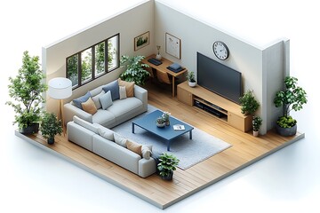 Isometric view living room muji style open inside interior architecture 3d rendering digital art