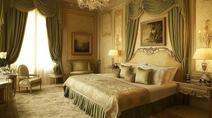 Luksusowa sypialnia z kr&oacute;lewskim ł&oacute;żkiem, harmonijnie urządzona w odcieniach beżu, zieleni i złota, z eleganckimi dodatkami.