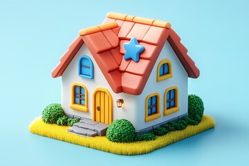 3d rendering of a small residential house with a chimney and a red roof on a white background. Home and house. Living place. Build your own home.