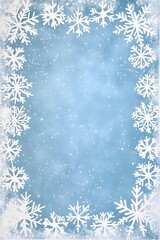 Delicate white snowflake border on a frosty blue background with falling snow, perfect for winter themes.