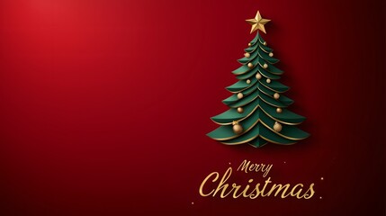 Festive Christmas card with a layered green tree, golden ornaments, a star, and "Merry Christmas" text on a red background.