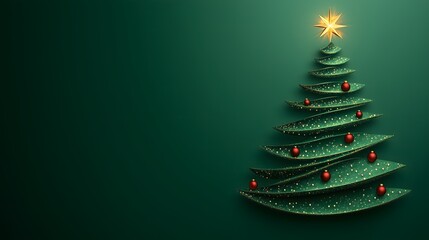 Modern Christmas card with a layered green tree adorned with red ornaments and a glowing golden star.