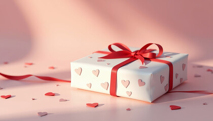 Valentine's gift wrapped in white paper decorated with hearts and tied with a red ribbon