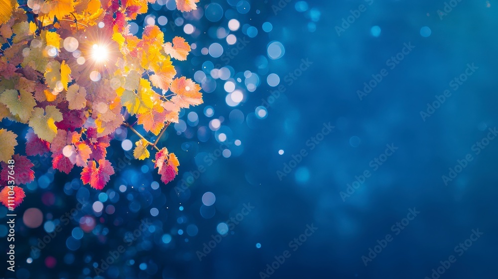 Poster autumn leaves with colorful background and glowing bokeh effect