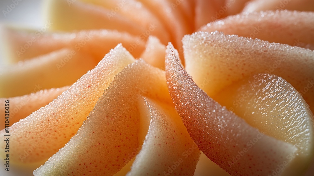 Poster close-up of thinly sliced peaches arranged in a circular pattern, showcasing their texture and color