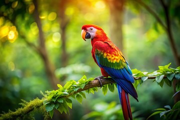 Obraz premium Vibrant Tilt-Shift Photography of a Colorful Parrot Perched on a Branch in a Lush Green Forest Surrounded by Rich Foliage and Natural Beauty