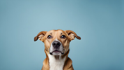 Obraz premium Portrait of a staffordshire terrier on a blue background. Space for text