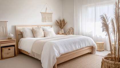 Modern minimalist bedroom with natural decor and soft tones