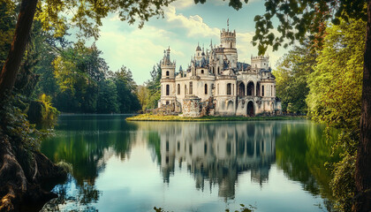 Obraz premium Majestic castle surrounded by serene water and trees