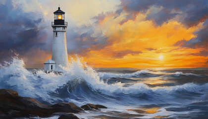 Dramatic sunset over a lighthouse with crashing waves