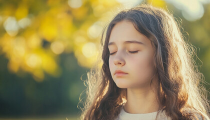 Fototapeta premium Girl with closed eyes in a peaceful outdoor setting