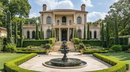 Obraz premium Elegant mansion with formal gardens and fountain.