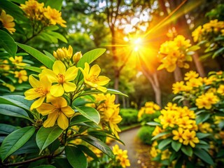 Vibrant Yellow Flowers of Galphimia and Green Leaves in a Lush Park Setting Showcasing Nature's Beauty and Serenity with a Focus on the Gold Shower Bushes