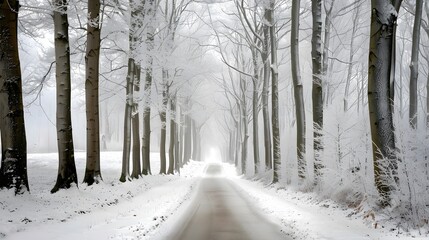 Naklejka premium A serene winter landscape featuring a snow-covered road lined with bare trees.