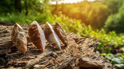 Close-up of ancient stone tools, sharp flint knives, and polished axes on a weathered wooden surface, symbolizing prehistoric craftsmanship and the dawn of human ingenuity..