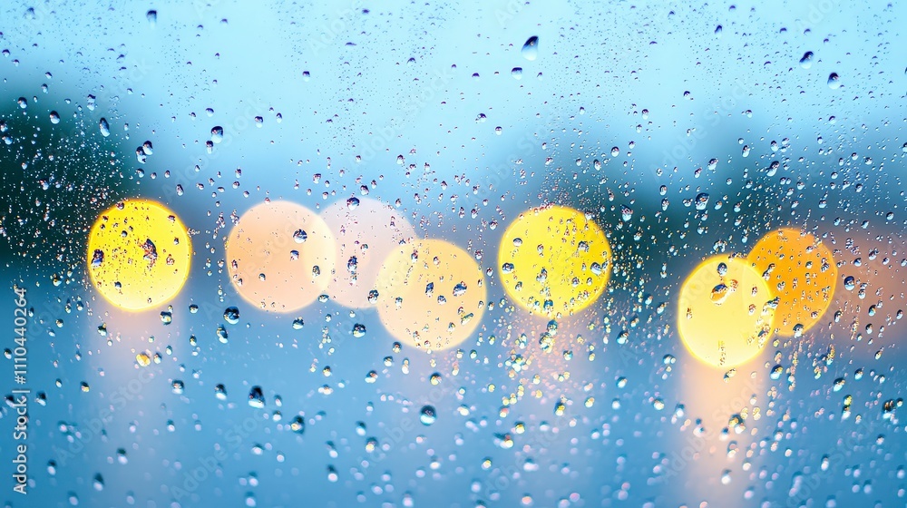 Poster raindrops on a window with colorful bokeh background effect