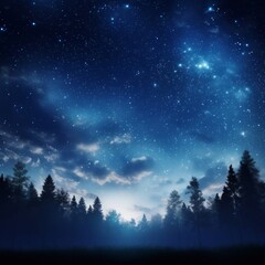 Fototapeta premium Stunning night sky filled with vibrant stars, ethereal clouds. Deep blue hues blend seamlessly with silhouettes of tall trees, creating serene atmosphere that invites stargazing, reflection in nature.