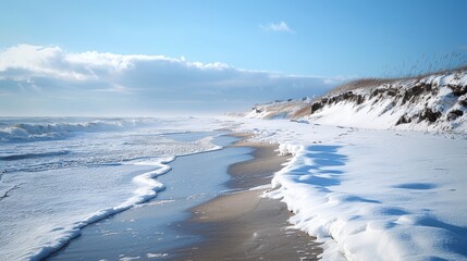 Fototapeta premium A serene winter beach scene with snow-covered sand, frothy waves, and a clear blue sky, evoking tranquility and natural beauty.