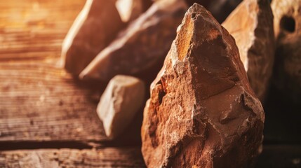 Close-up of ancient stone tools, sharp flint knives, and polished axes on a weathered wooden surface, symbolizing prehistoric craftsmanship and the dawn of human ingenuity..