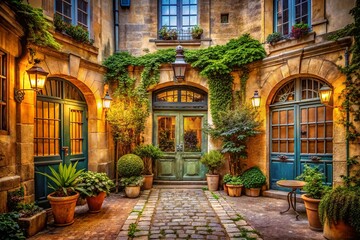 Vintage Cloportes: A Timeless Look at Elegant French Doorways in Rustic Architecture with Soft Lighting and Atmospheric Details