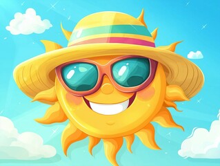 Cartoon illustration of the sun wearing a stylish wide-brimmed hat and trendy sunglasses