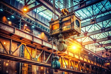 Fototapeta premium Vintage Industrial Overhead Crane in Factory Setting: Capturing the Essence of Heavy Machinery and Manufacturing Processes with a Nostalgic Touch