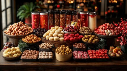 A colorful display of assorted traditional snacks and sweets