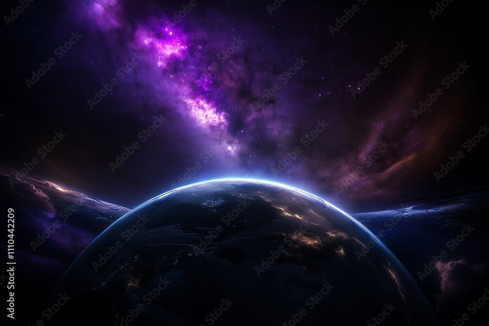 Poster a view of earth from space with the milky way in the background and city lights visible on the surfa
