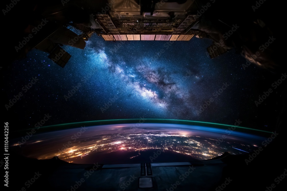 Poster a view of earth from space with the milky way in the background and city lights visible on the surfa
