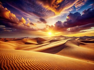 Naklejka premium Vintage Style Abstract Visualization of a Serene Desert Landscape with Majestic Sand Dunes Bathed in the Warm Glow of a Breathtaking Sunset for Artistic Exploration and Inspiration