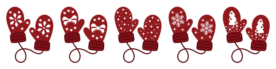 Red mittens with Christmas pattern. Warm accessory for winter. Decorative element for Christmas design. Knitted mittens with white pattern.