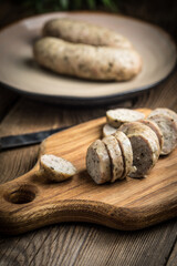 Sliced tasty white sausage.
