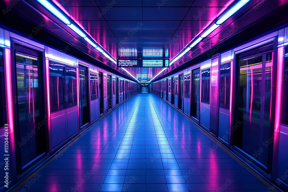 Poster an empty subway station with sleek metallic walls and glowing neon lights.