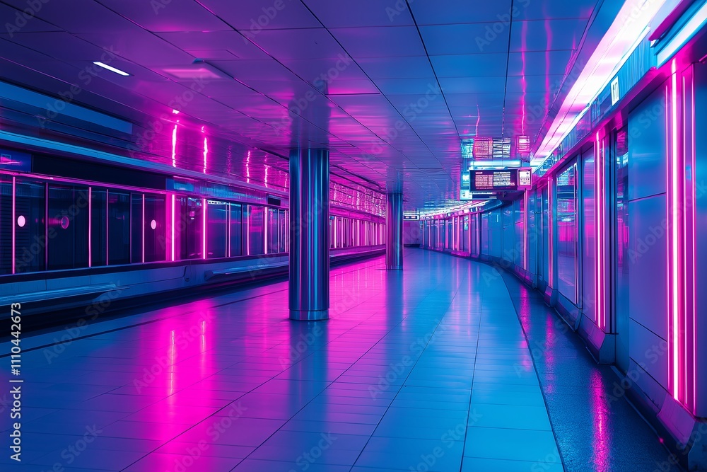Poster an empty subway station with sleek metallic walls and glowing neon lights.