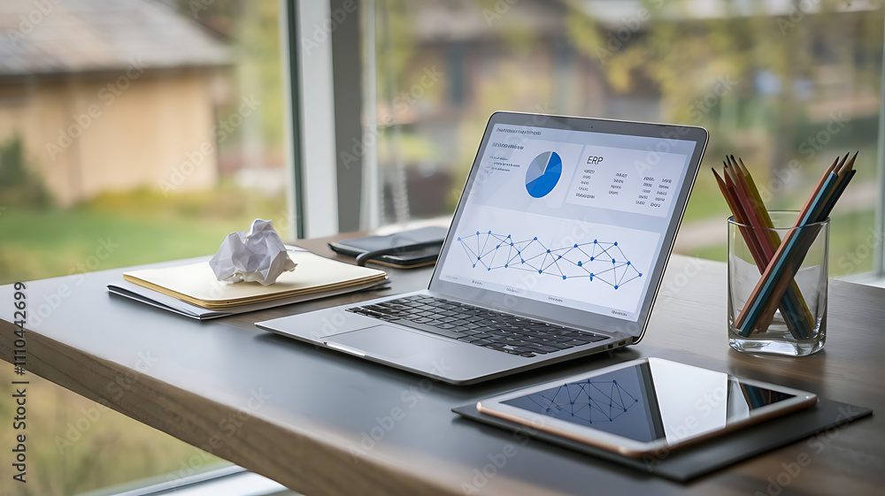 Aufkleber erp software, erp dashboard, enterprise resource planning, modern workspace with erp software on lap