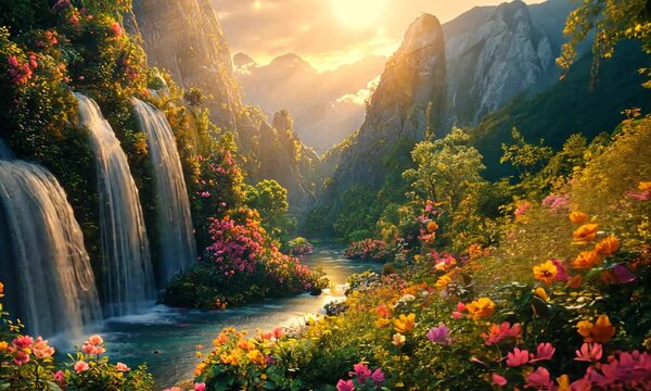 Serene waterfall surrounded by vibrant flowers and mountains.