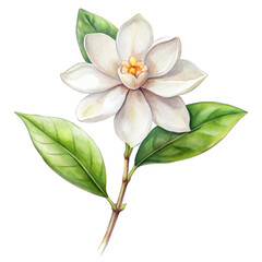 Watercolor cut out  Sampaguita flower with stem isolated on white background