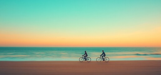 Couple cycling on beach at sunset.