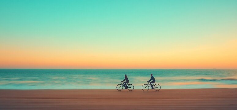 Couple cycling on beach at sunset. - Powered by Adobe