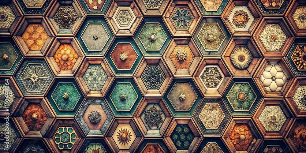 Poster vintage style photography capturing hexagonal patterns and geometric wonders in nature, architecture