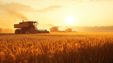Naklejka premium Field of wheat with a fleet of tractors and combines ready for harvest, golden hour,
