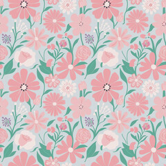 Obraz premium The pattern of colorful different types of flowers in soft pastel colors.