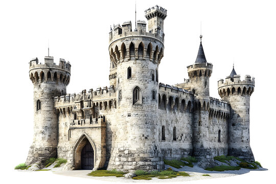 Medieval stone castle with towers, turrets, and battlements, isolated on PNG cutout background.