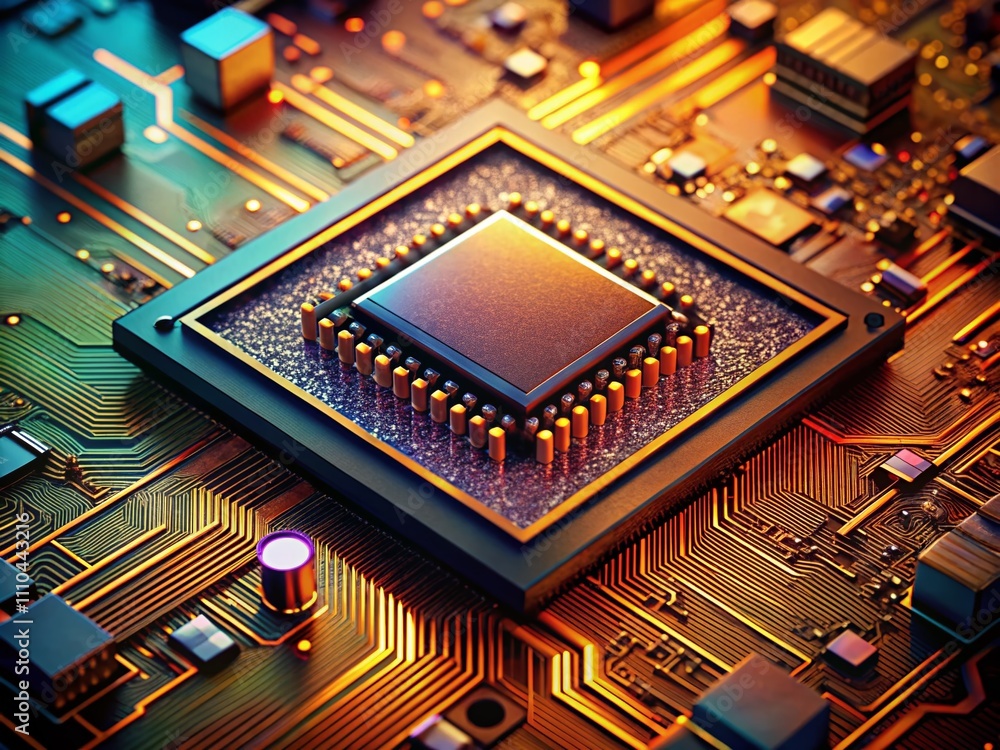 Poster vintage style photography of 3d rendered ai technology cpu chipset on a printed circuit board, showc