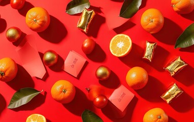 A creative flat lay of Chinese New Year symbols: red envelopes, mandarin oranges, and golden ingots on a vibrant red background